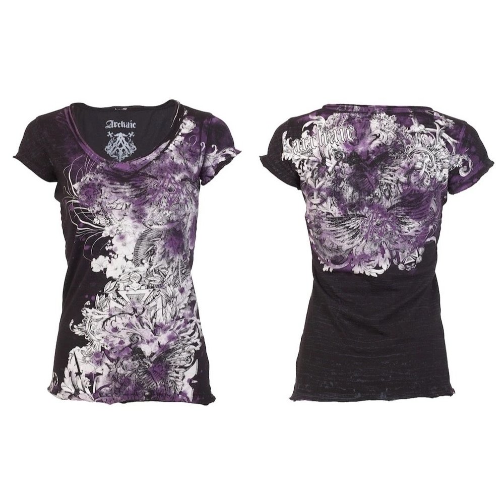 Archaic AFFLICTION Women's T-Shirt PERCEPTION Cross BLACK Tattoo Biker S-XL $40